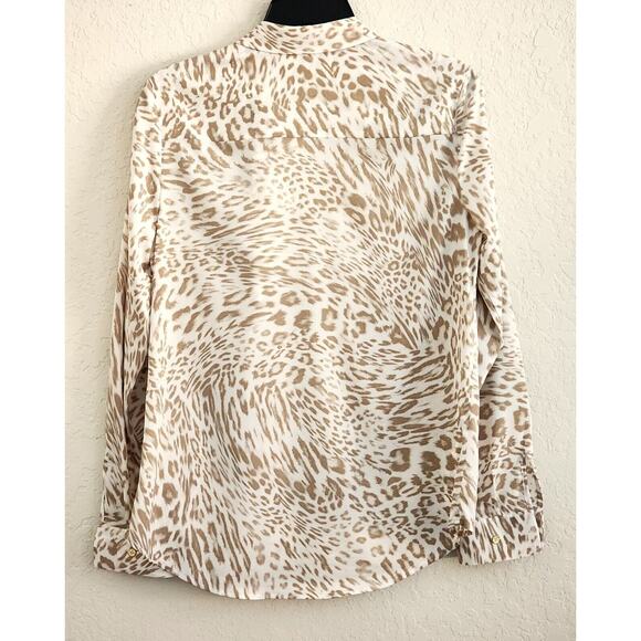 TOP/BLOUSE-CALVIN KLEIN-Gold-Cream-Front Diagonal Gold Zipper-Sleeve Roll Tab-SM - Picture 2 of 12